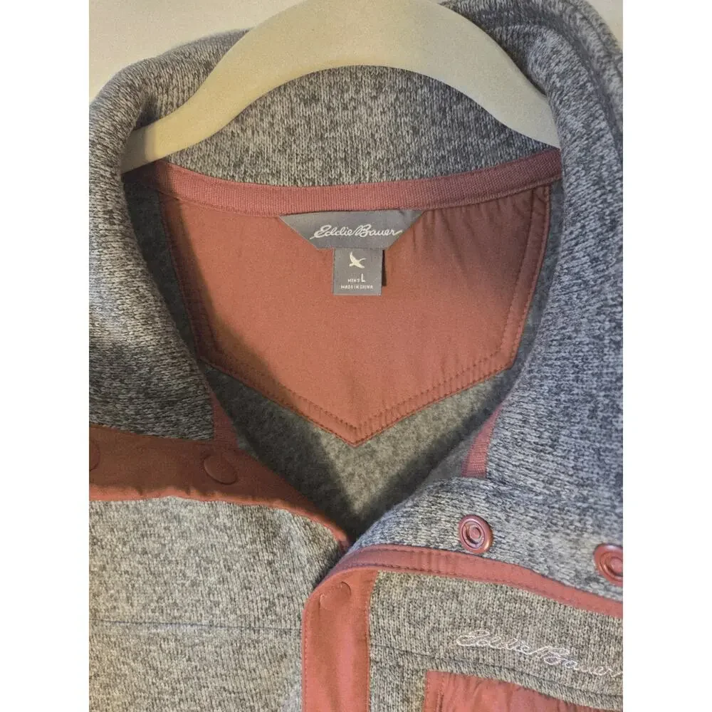 Eddie Bauer Mens L Pullover Fleece 1/4 Snap Gray & Rust Zip Pockets Gorpcore